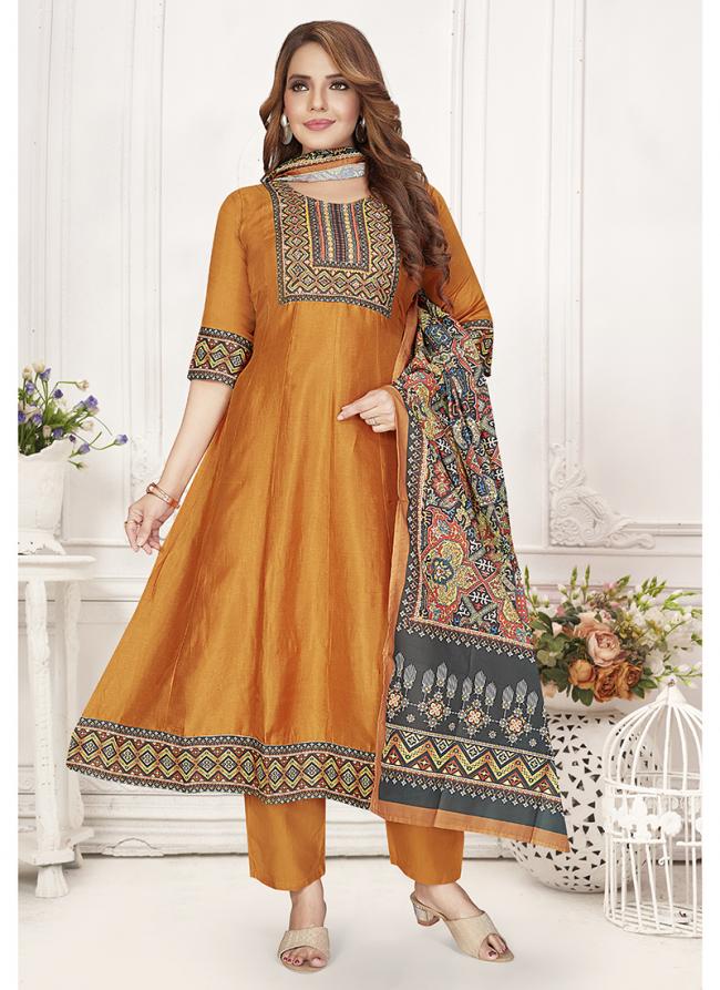 Russian Silk  Light Orange Festival Wear Printed Readymade Anarkali Suit